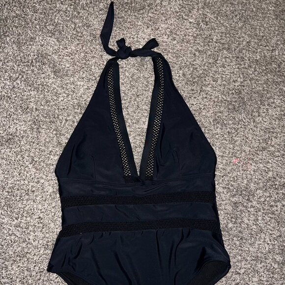 Black Halter One-Piece Swimsuit with Mesh Detail - Size Large - Picture 3 of 5